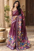 Linen Silver Zari Border Fumka Latakan Saree With Zari Border Unstitched Blouse (Wine)