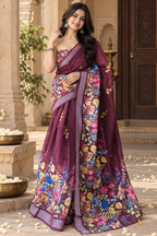 Linen Silver Zari Border Fumka Latakan Saree With Zari Border Unstitched Blouse (Wine)