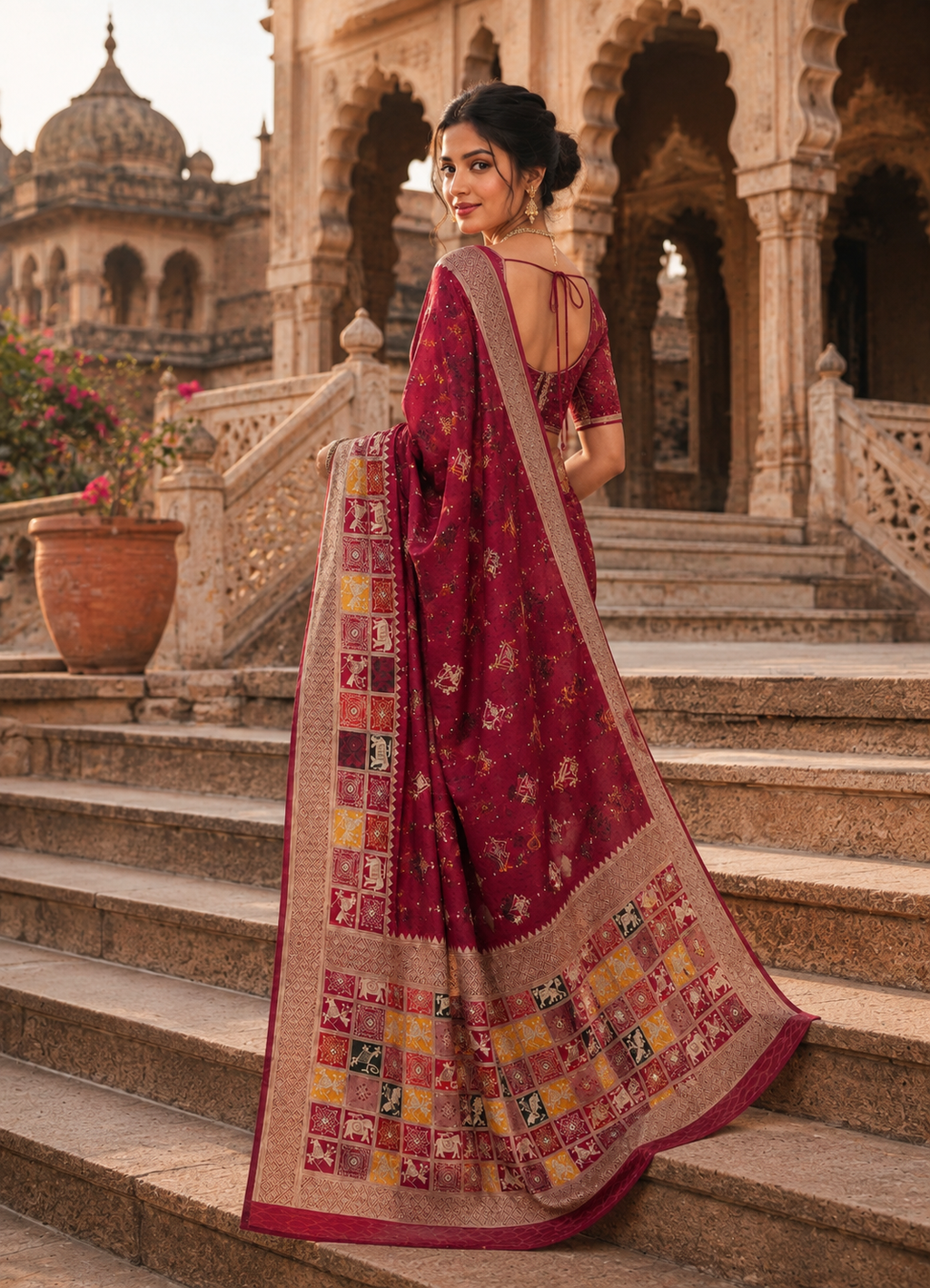 Dola Silk Soft Rajwadi Kashmiri Thread Zari Weaving Border With Unstitched Butti  Blouse (Maroon)