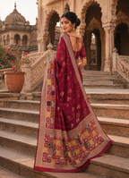 Dola Silk Soft Rajwadi Kashmiri Thread Zari Weaving Border With Unstitched Butti  Blouse (Maroon)