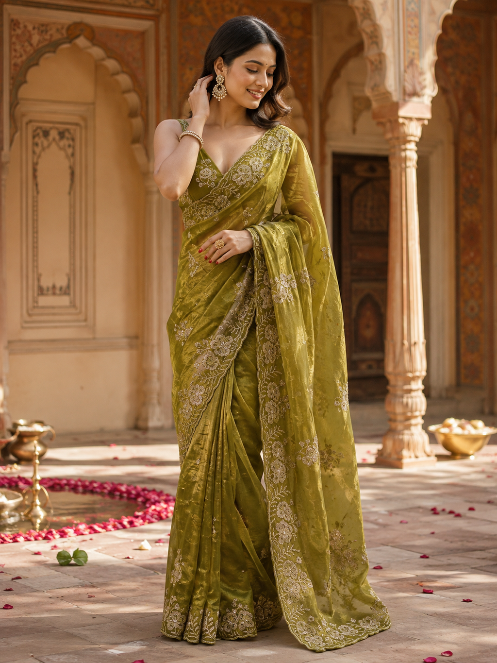 Satin Silk Embroidery Work Saree With Unstitched Blouse(Pink)