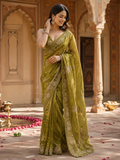 Satin Silk Embroidery Work Saree With Unstitched Blouse(Pink)