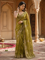 Satin Silk Embroidery Work Saree With Unstitched Blouse(Pink)