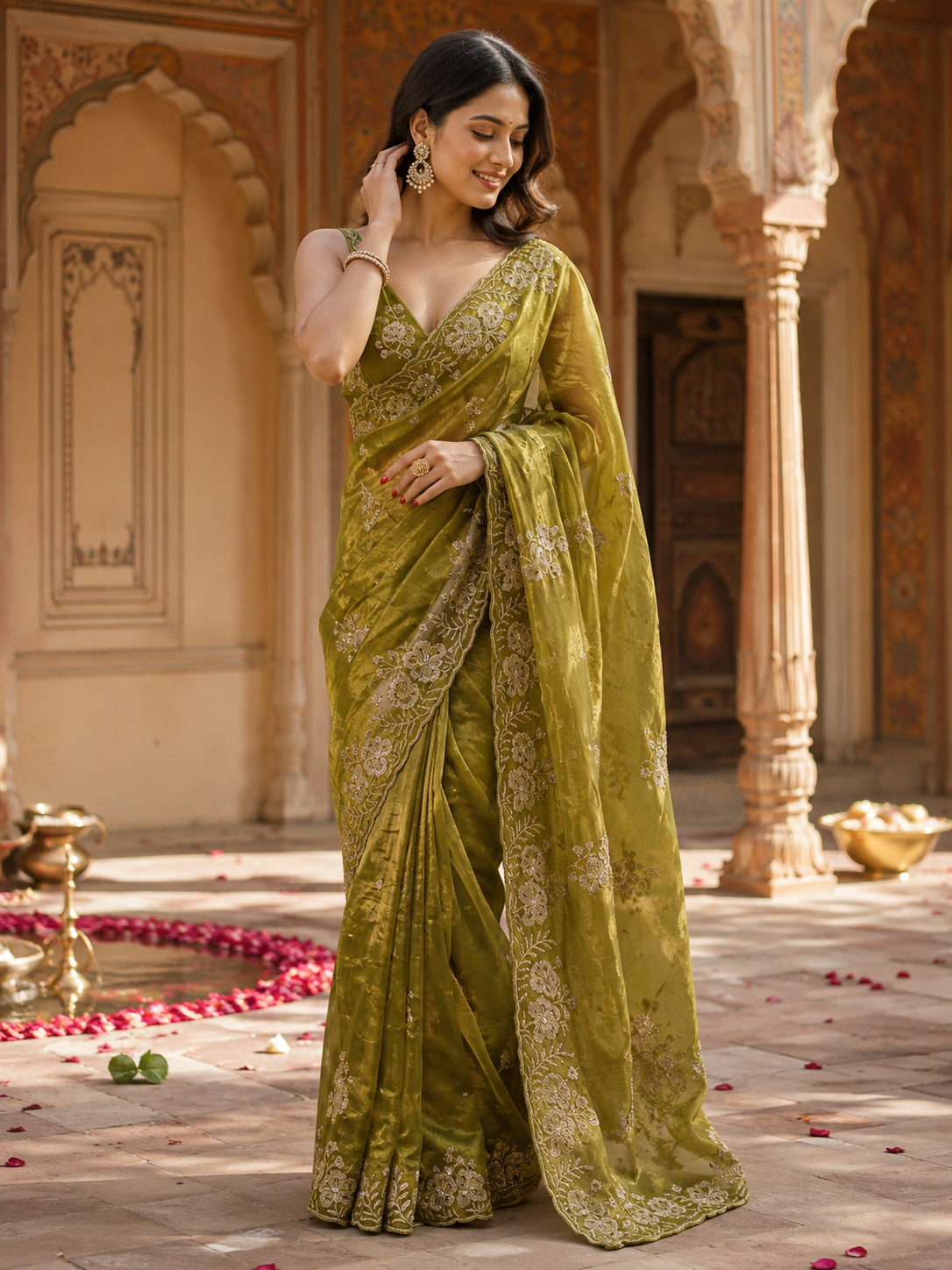 Satin Silk Embroidery Work Saree With Unstitched Blouse(Pink)