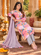 Chanderi Cotton Kurti Pant Set With Dupatta(Pink)