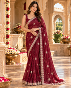 Pure Space Silk Embroidery Work Saree With Unstitched Blouse(Maroon)