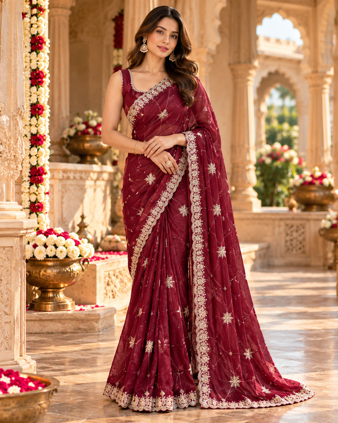 Pure Space Silk Embroidery Work Saree With Unstitched Blouse(Maroon)