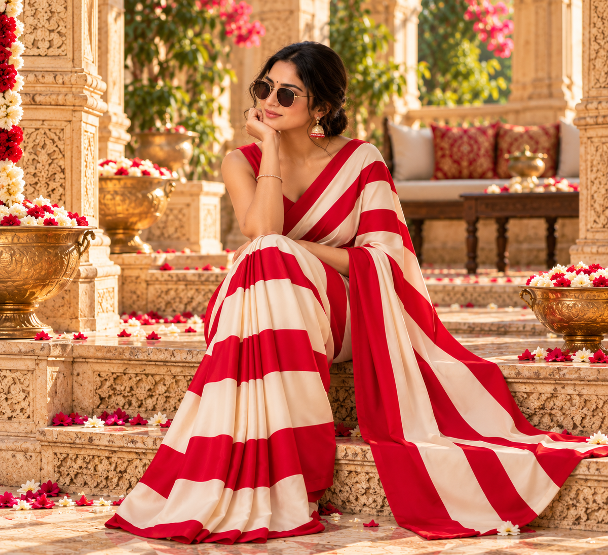 Original Gaji Silk Ajrakh Print Saree With Unstitched Blouse(Red)