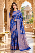 Premium Kanjivaram Silk Saree With Unstitched Blouse(Blue)