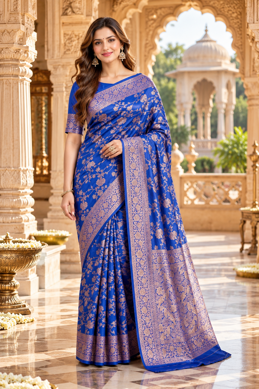 Premium Kanjivaram Silk Saree With Unstitched Blouse(Blue)