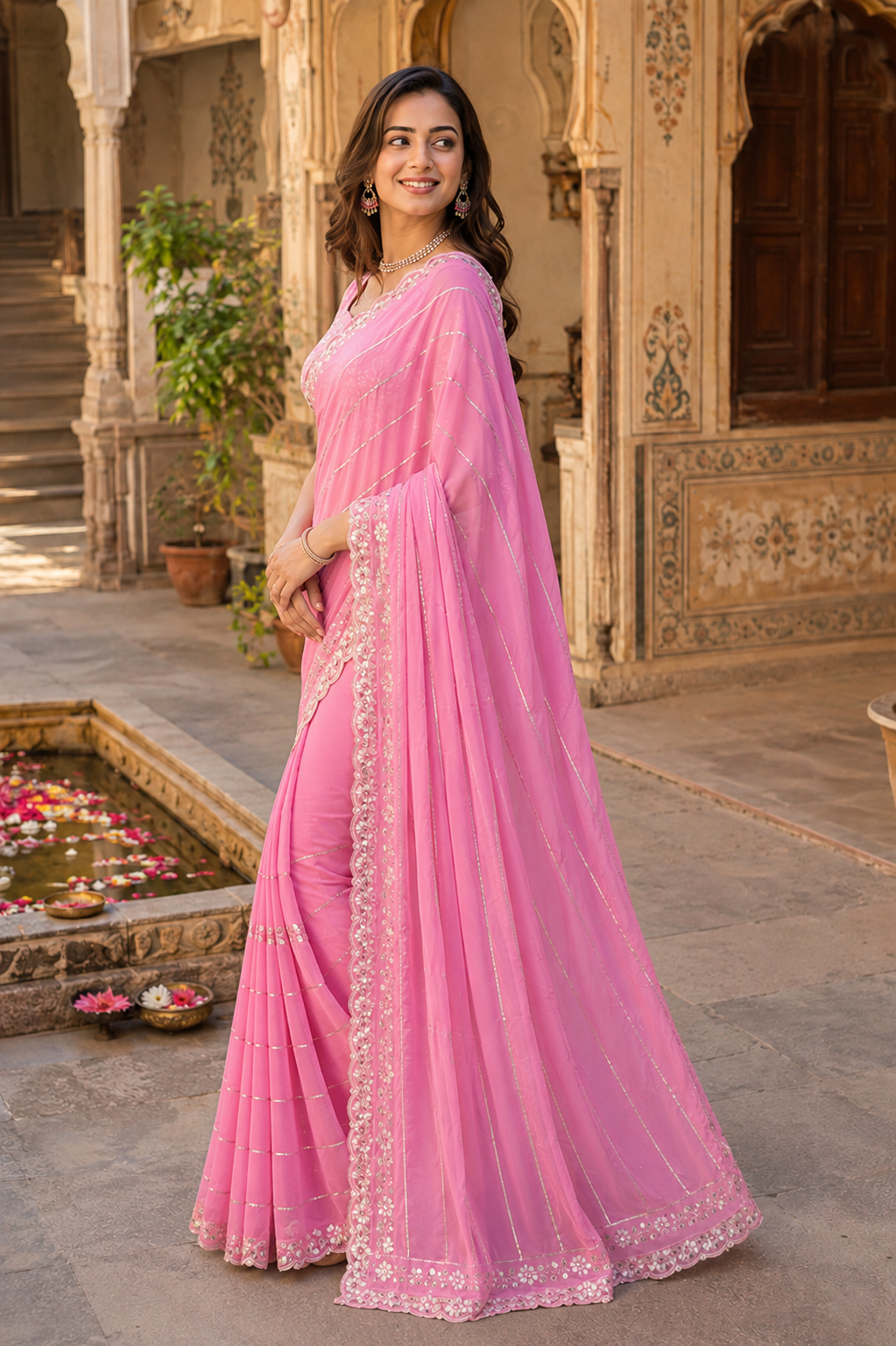 Georgette Sequins Work Saree With Unstitched Blouse(Pink)