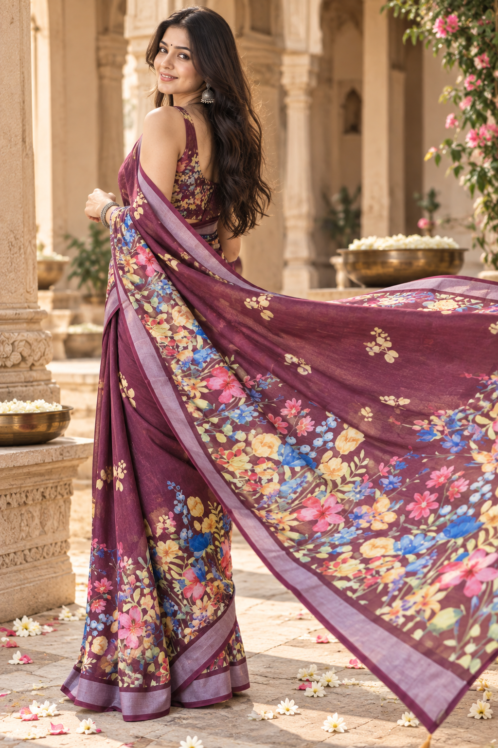 Linen Silver Zari Border Fumka Latakan Saree With Zari Border Unstitched Blouse (Wine)