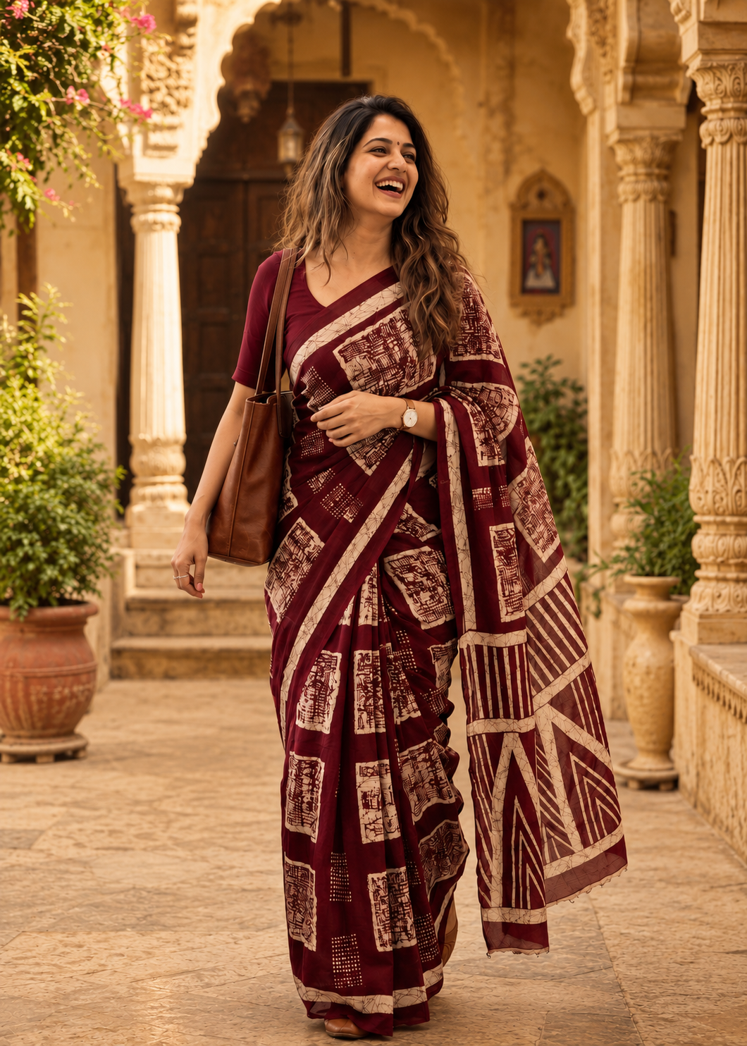 Mulmul Cotton Batik Hand Block Print Saree With Unstitched Blouse(Maroon)