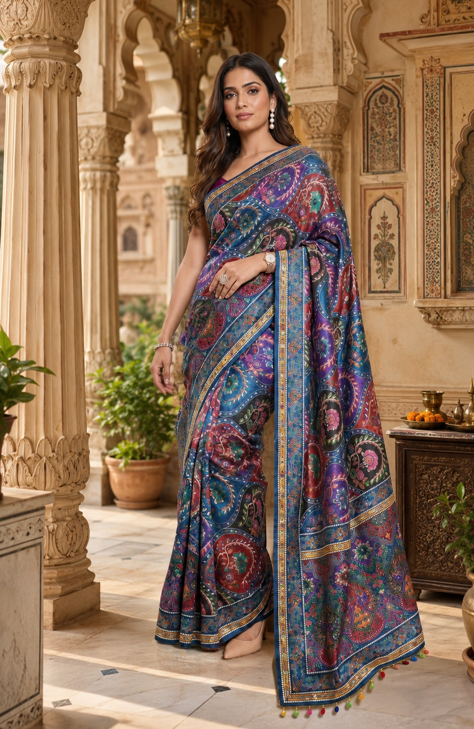 Modal Crepe Silk Mirror Work Saree With Unstitched Blouse(Purple)