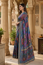 Modal Crepe Silk Mirror Work Saree With Unstitched Blouse(Purple)