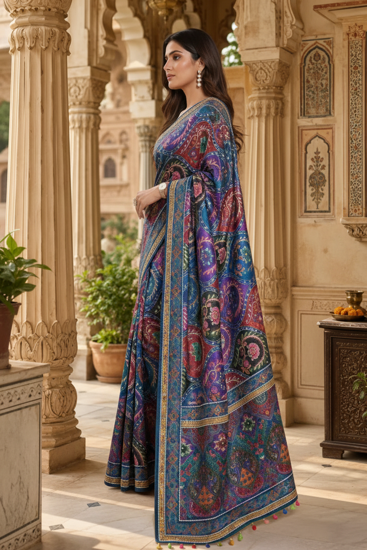 Modal Crepe Silk Mirror Work Saree With Unstitched Blouse(Purple)
