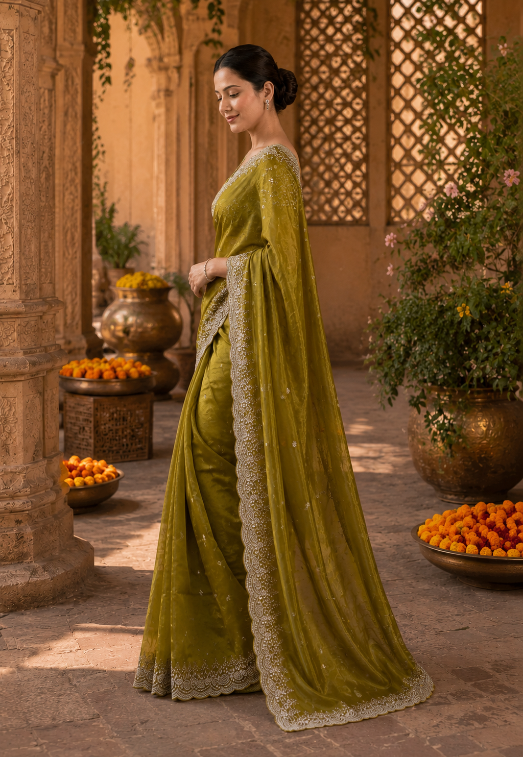 Satin Silk Embroidery Work Saree With Unstitched Blouse(Green)