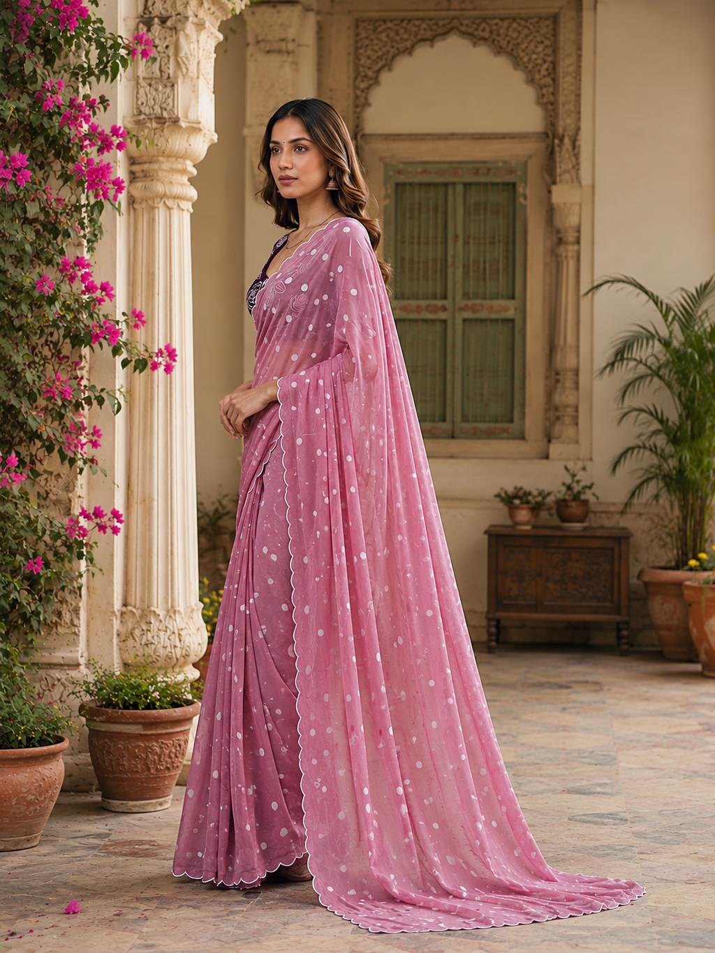 Georgette Embroidery Work Saree with Unstitched Blouse(Dark Pink)