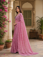 Georgette Embroidery Work Saree with Unstitched Blouse(Dark Pink)