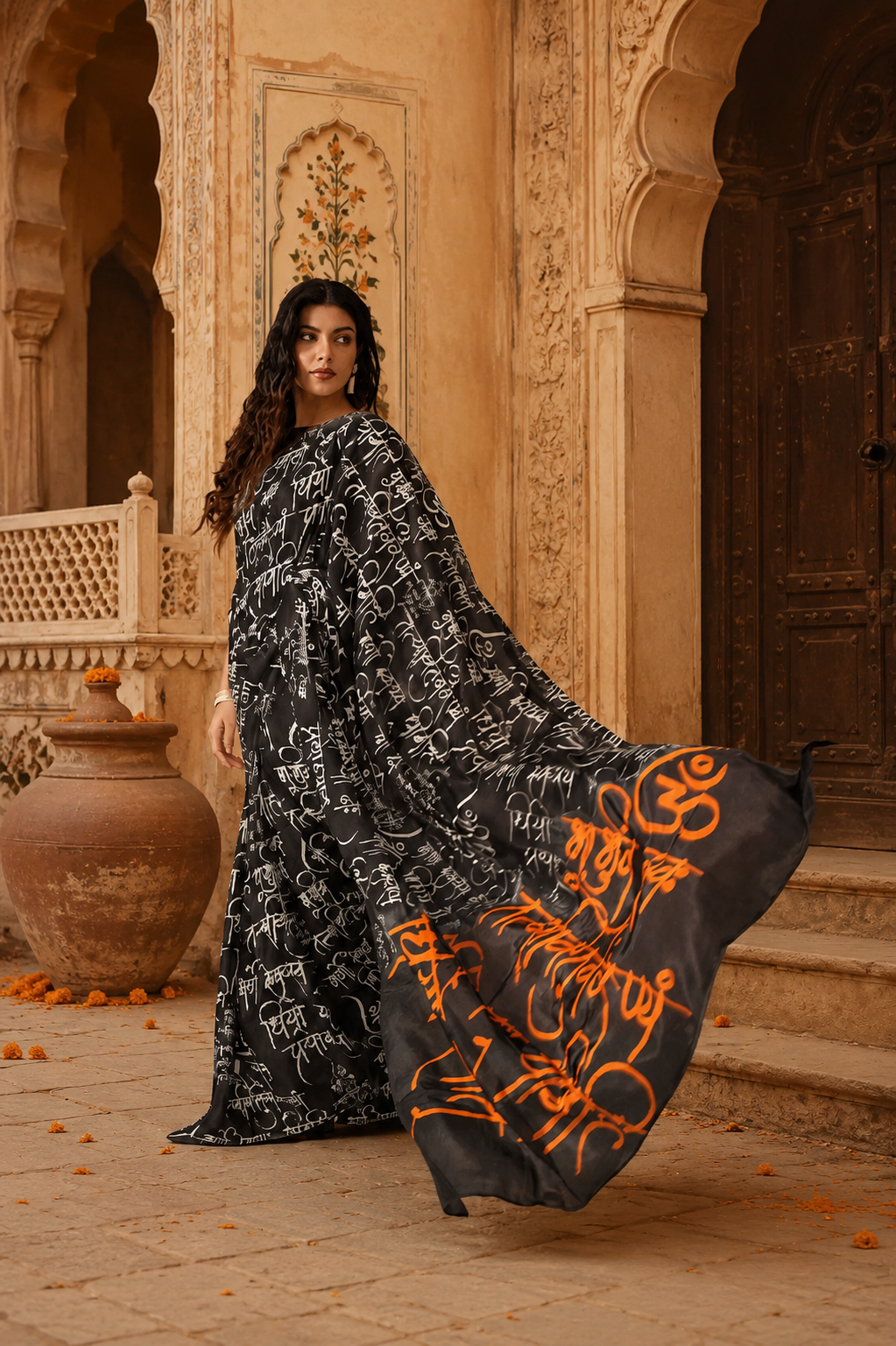 Original Japan Satin Printed Saree With unstitched Blouse(Black)