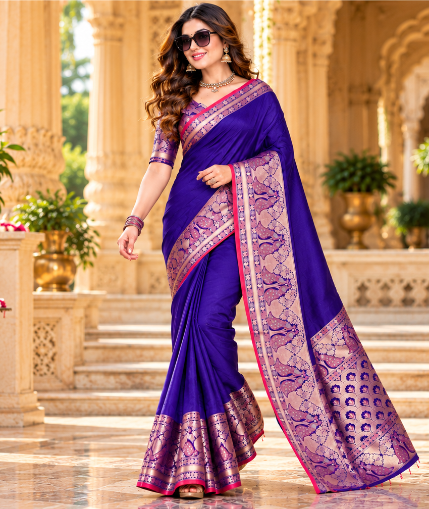 Pure Banarasi Silk Zari Work Saree With Unstitched Blouse(Blue)