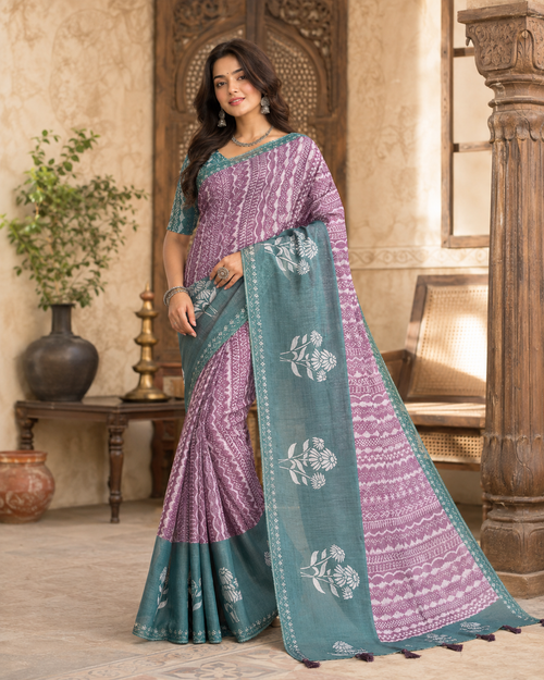 Cotton Printed Saree With Unstitched Blouse(Lavender)