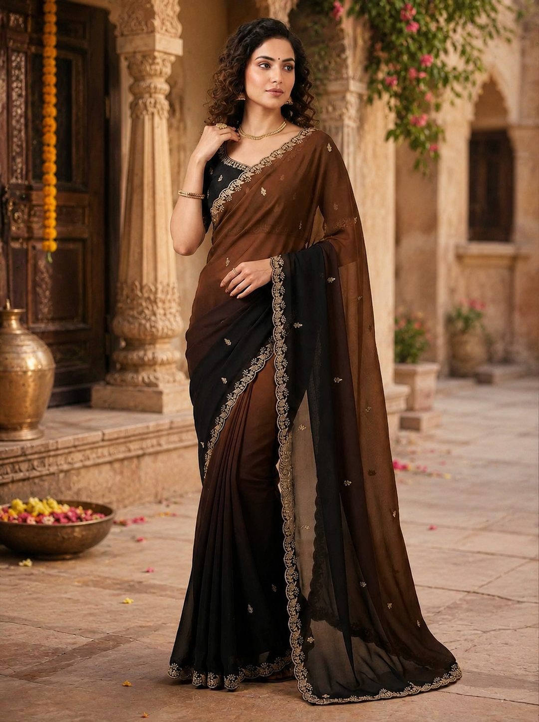 Georgette Border Work Saree With Unstitched Blouse(Coffee)