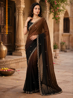 Load image into Gallery viewer, Georgette Border Work Saree With Unstitched Blouse(Coffee)
