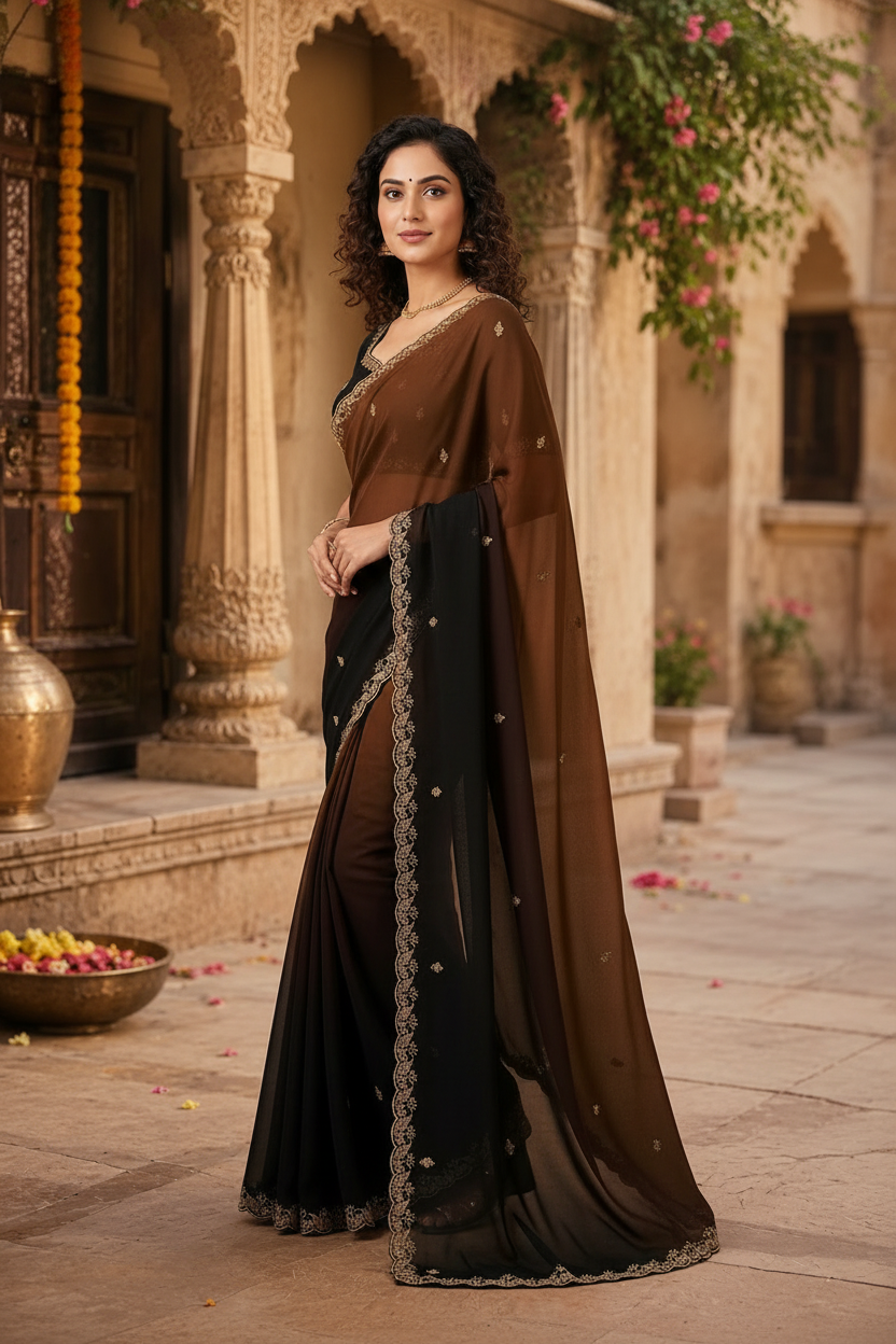 Georgette Border Work Saree With Unstitched Blouse(Coffee)