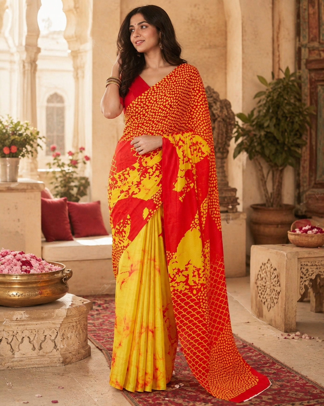Satin Silk Printed Saree With Unstitched Blouse(Red)