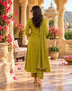 Heavy Roman Silk Kurti Pant Dupatta Set(Green)