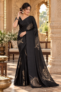 Satin Silk Printed Saree With Unstitched Blouse(Black)