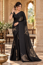 Satin Silk Printed Saree With Unstitched Blouse(Black)