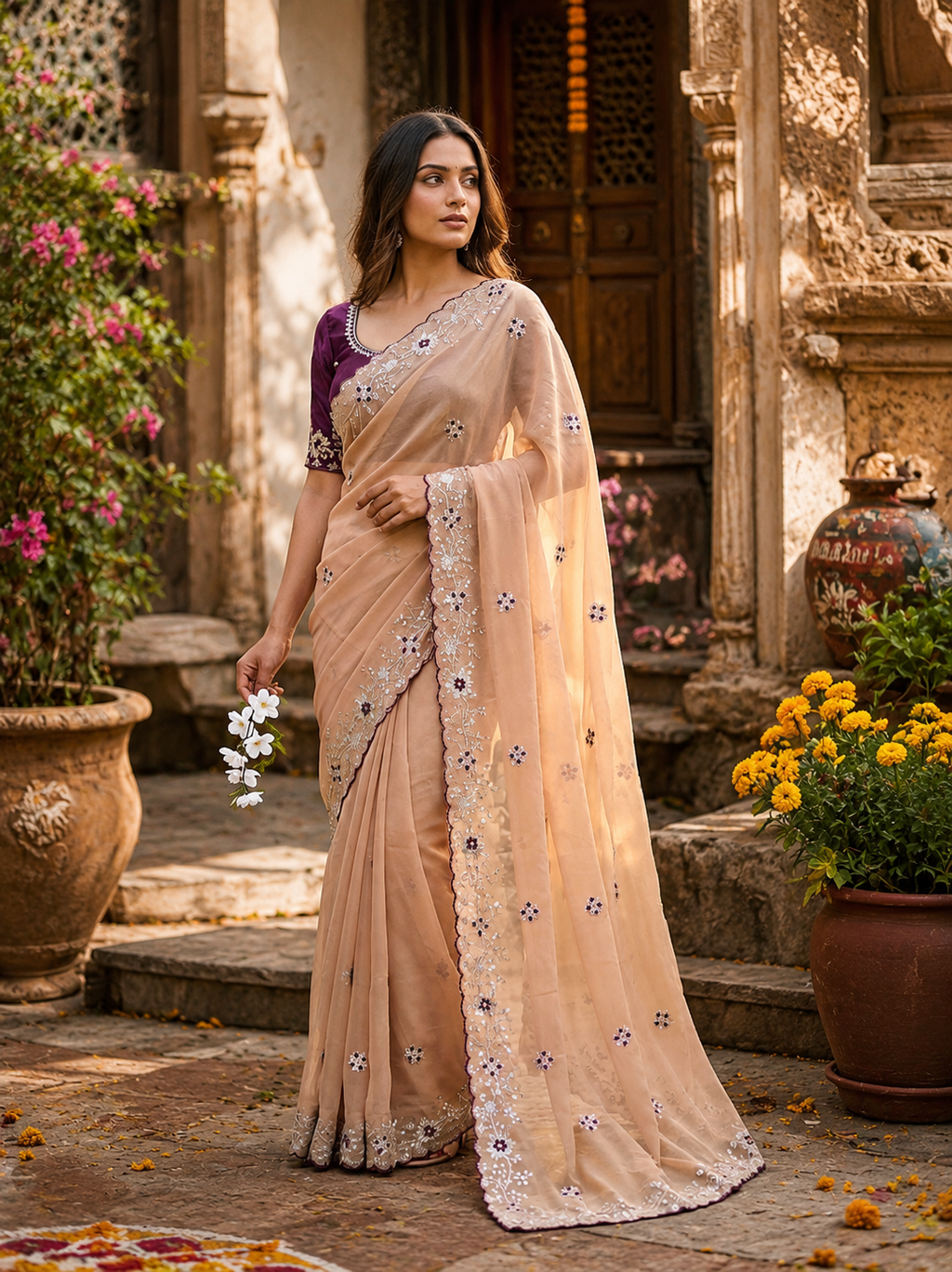 Georgette Embroidery Work Saree with Unstitched Blouse(Peach)