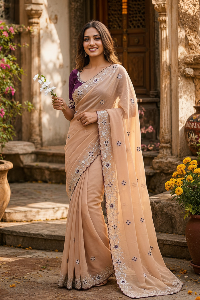Georgette Embroidery Work Saree with Unstitched Blouse(Peach)