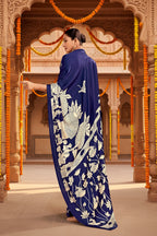 Satin Silk Kalamkari Print Saree With Unstitched Blouse(Deep Blue)