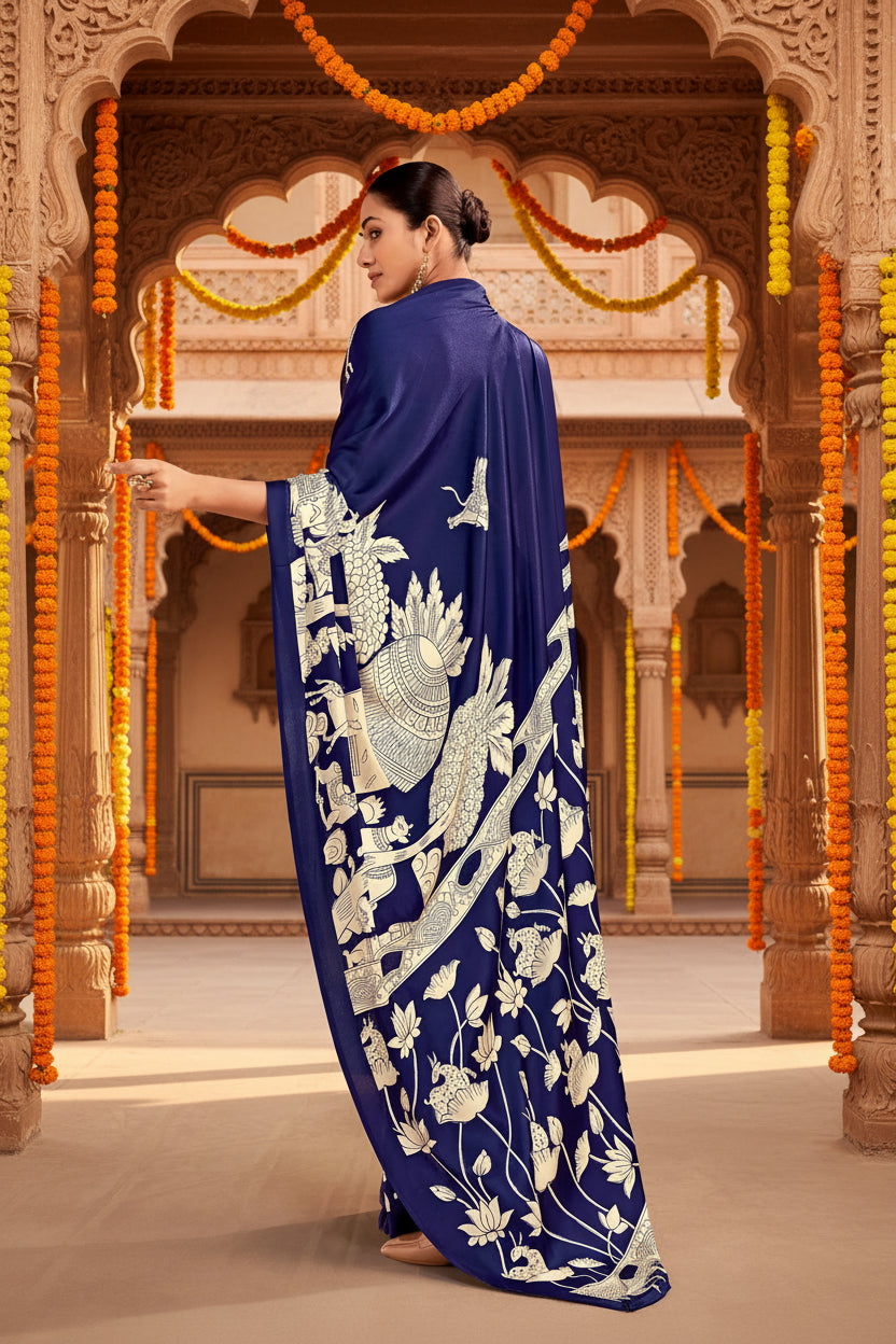 Satin Silk Kalamkari Print Saree With Unstitched Blouse(Deep Blue)