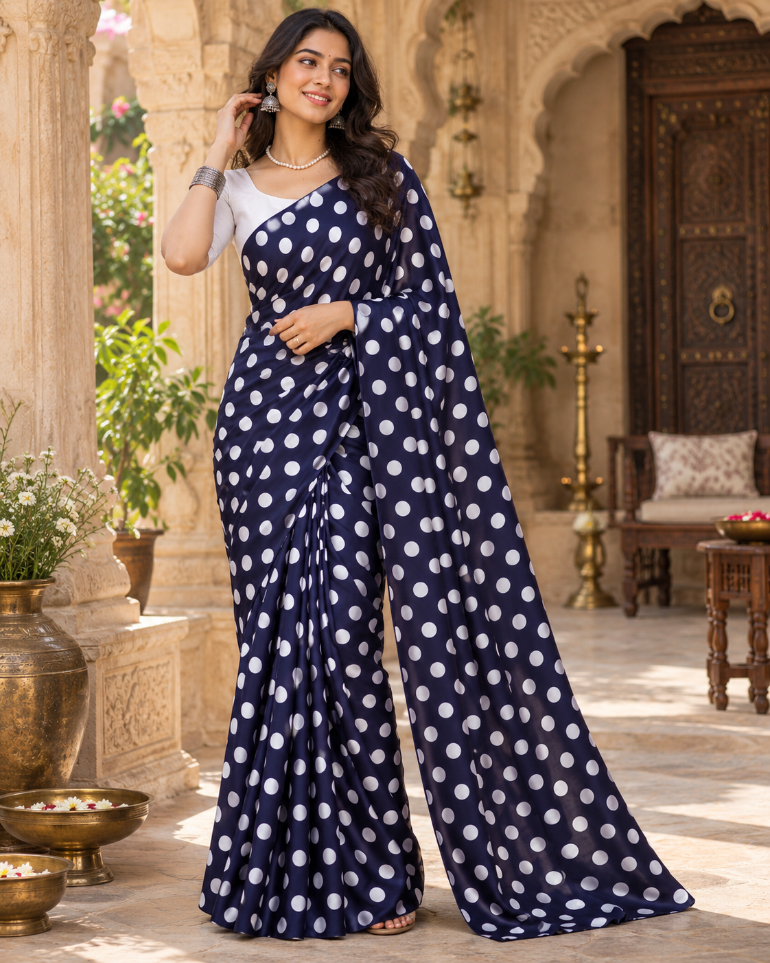 Satin Silk Printed Saree With Unstitched Blouse(Navy Blue)