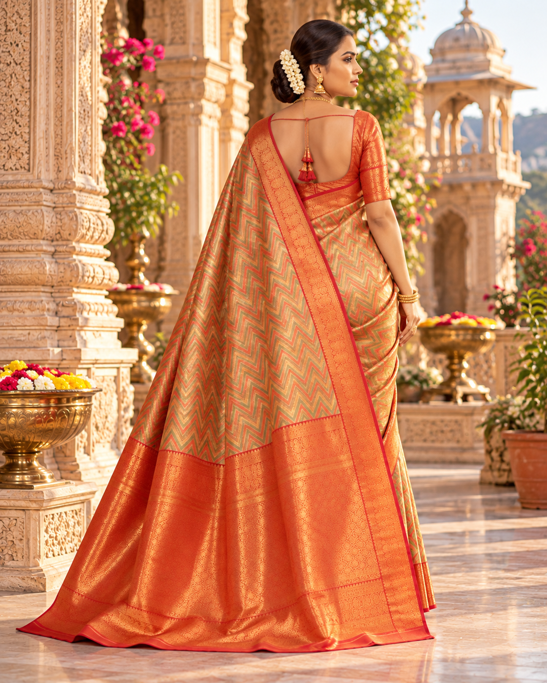 Pure Kanjivaram Silk Saree With Unstitched Blouse(Orange)