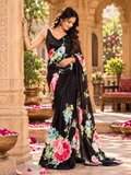 Satin Silk Floral Print Saree With Unstitched Blouse(Black)