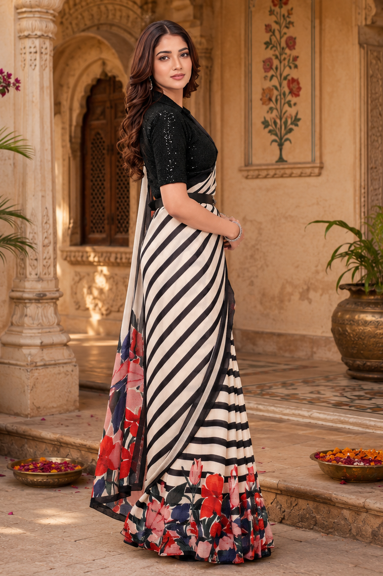 Satin Silk Floral Printed Saree With Unstitched Blouse(White)