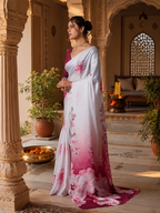 Georgette Satin Printed Saree With Unstitched Blouse(White)