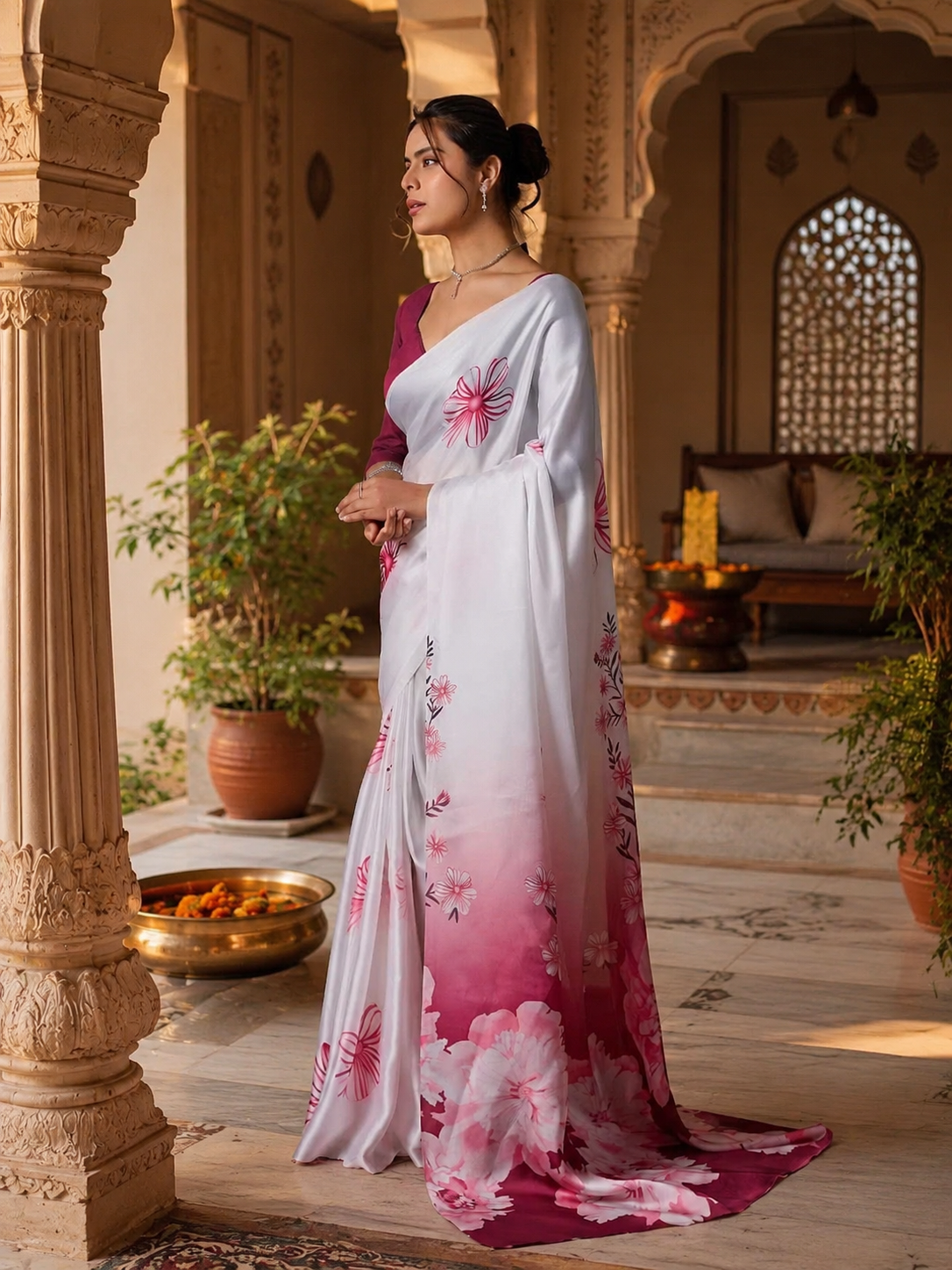 Georgette Satin Printed Saree With Unstitched Blouse(White)