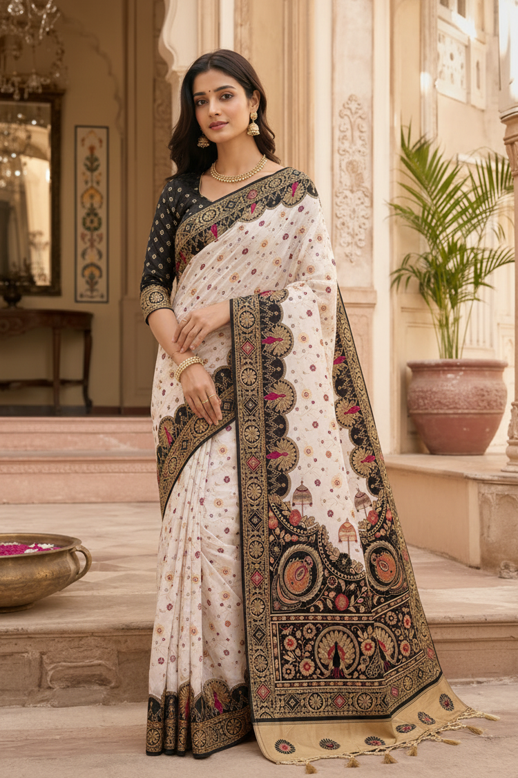 Premium Gota Silk Saree With Unstitched Blouse(Black)