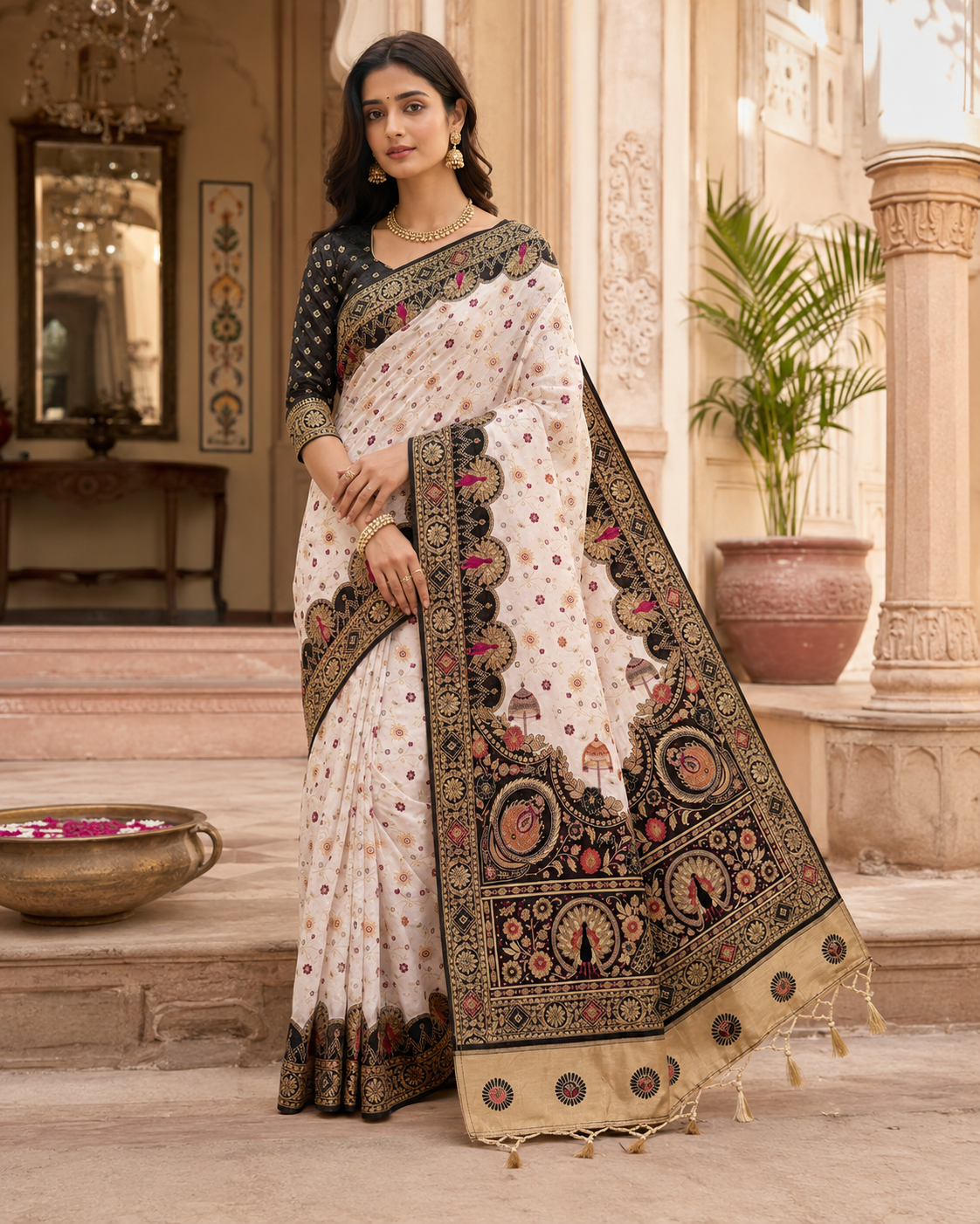 Premium Gota Silk Saree With Unstitched Blouse(Black)
