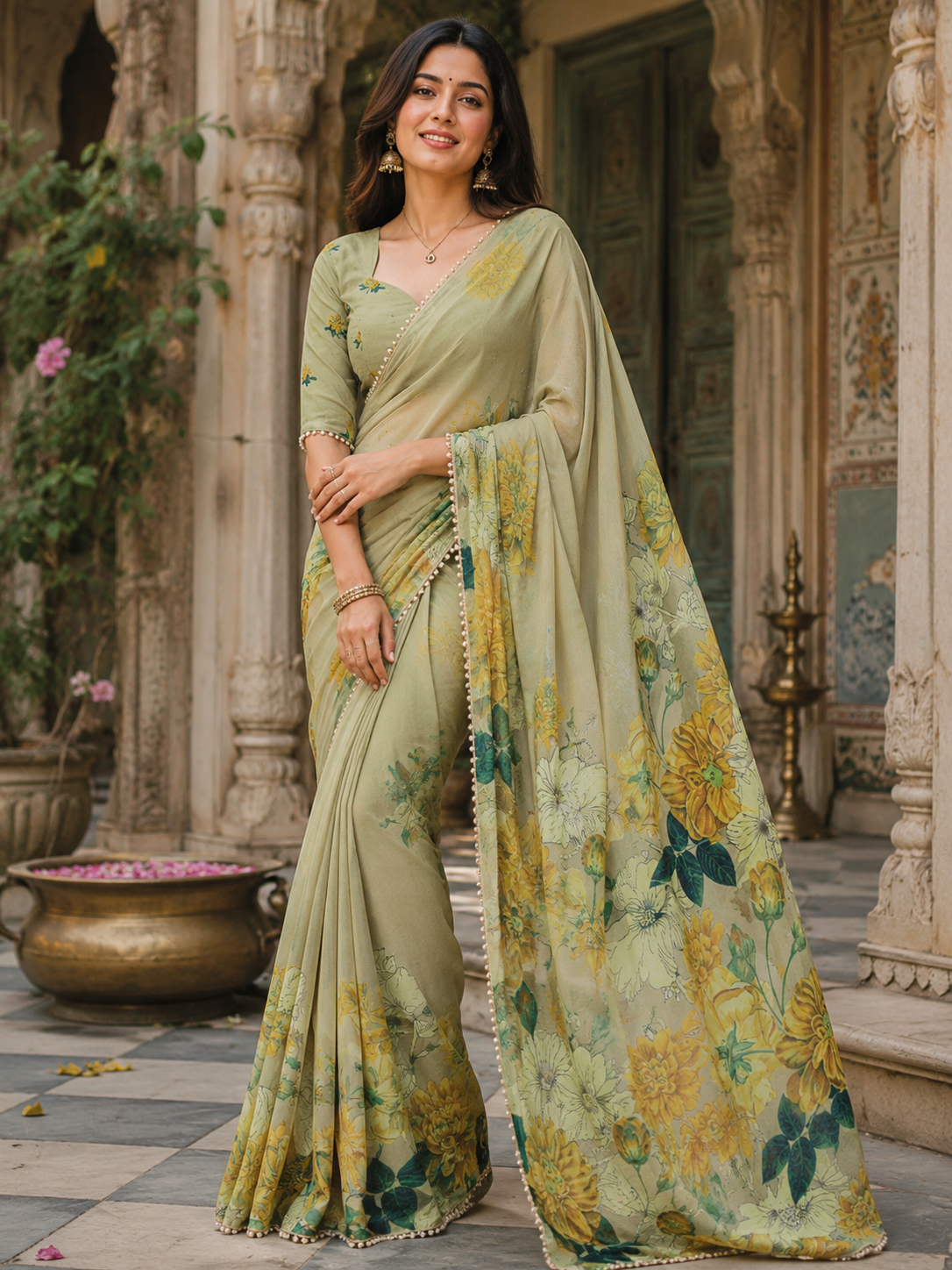 Pure Silk Floral Print Saree With Unstitched Blouse(Green)
