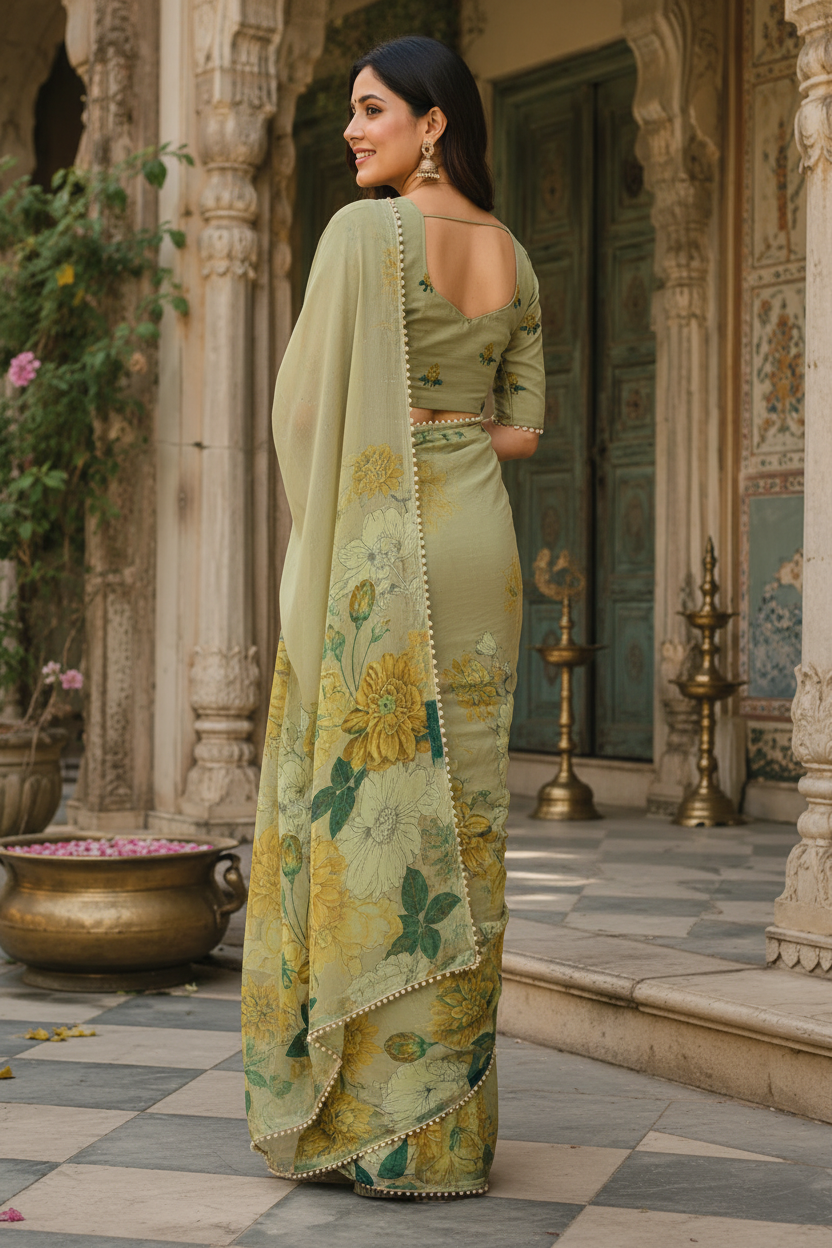 Pure Silk Floral Print Saree With Unstitched Blouse(Green)