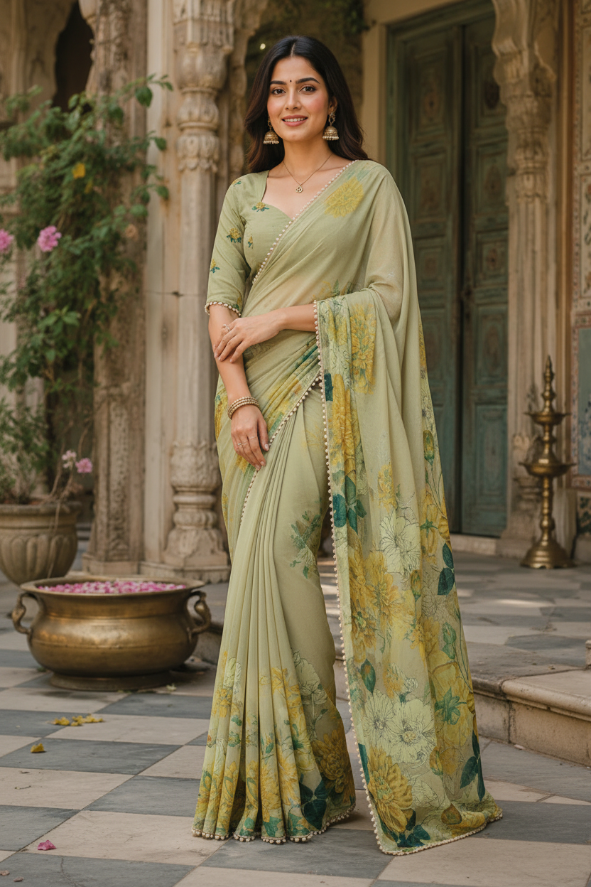 Pure Silk Floral Print Saree With Unstitched Blouse(Green)
