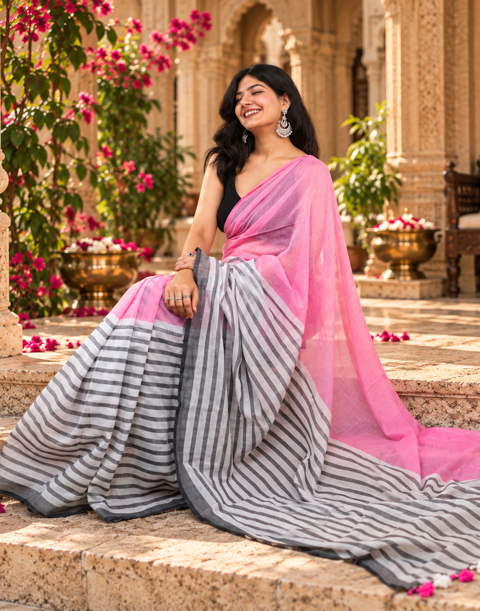 Cotton Digital Printed Saree With Unstitched Blouse(Pink)