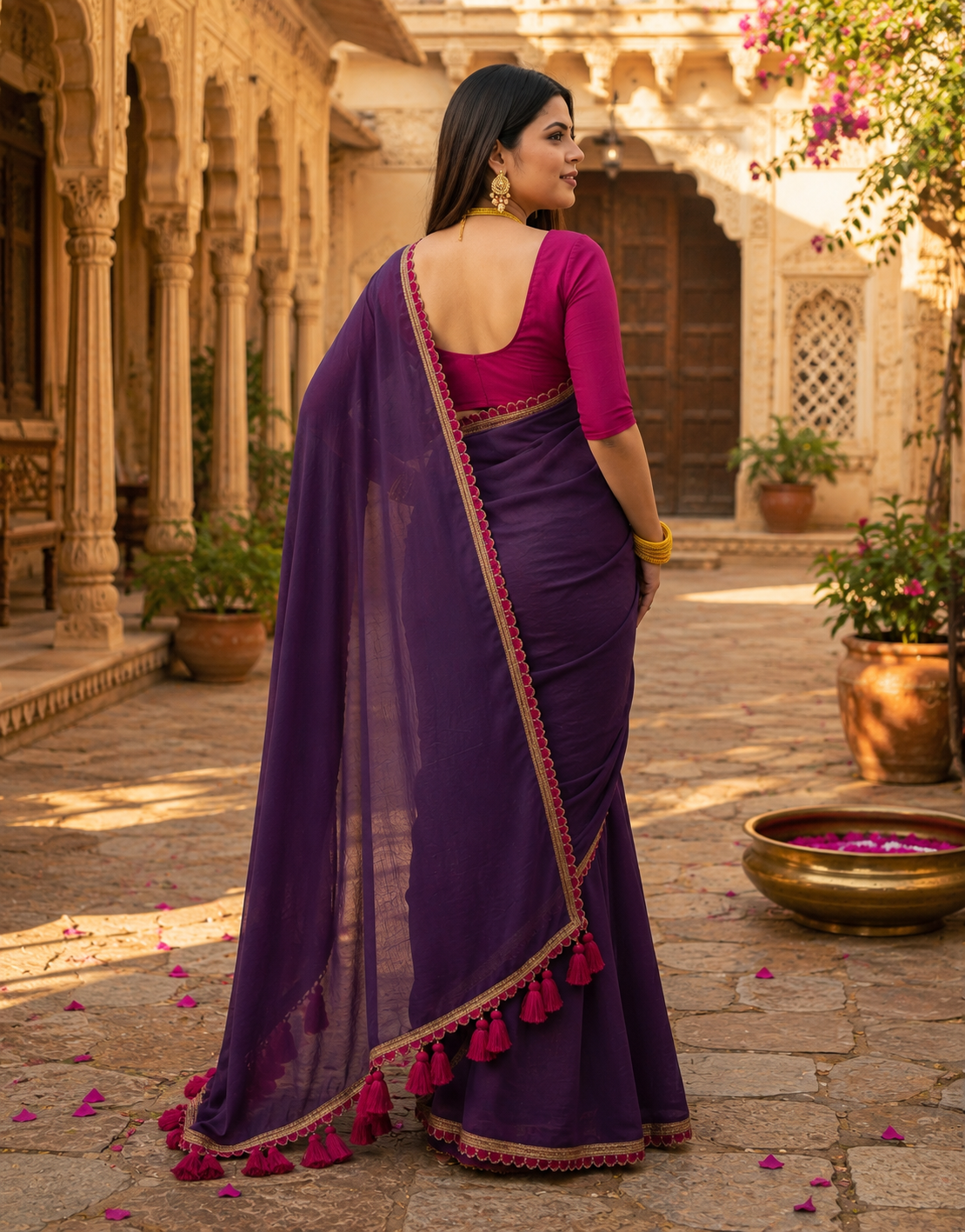 Georgette Lace Border Saree With Unstitched Blouse(Purple)